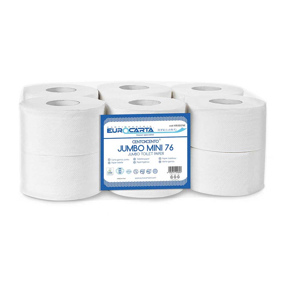 Тоалетна хартия мини „Джъмбо“, 100% целулоза, разтворима във вода,  150 м, 577 къса, 460гр., 9 х 26 см, опаковката съдържа 12 бр. , произведено в Италия