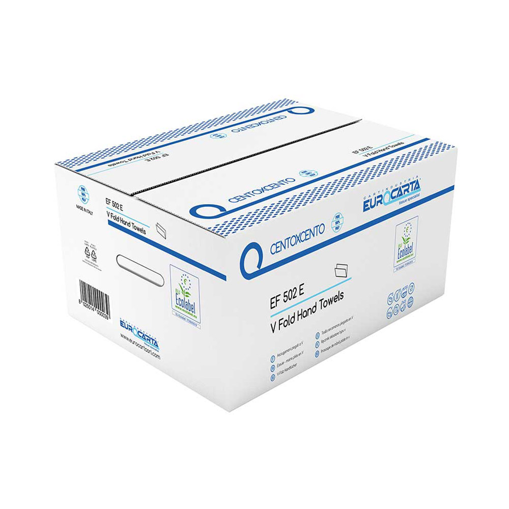 Хартиени кърпи за ръце дълги - V сгъвка, 15 x 200 къса, двупластови 21 х 25 - 100% целулоза,  произведено в Италия
