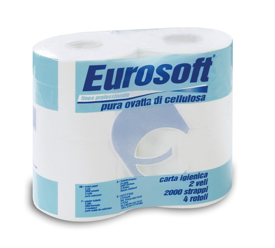 Тоалетна хартия, Eurosoft, 4 бр. х 195гр. в опаковка , 500 къса / 55 м. на ролка,  произведено в Италия