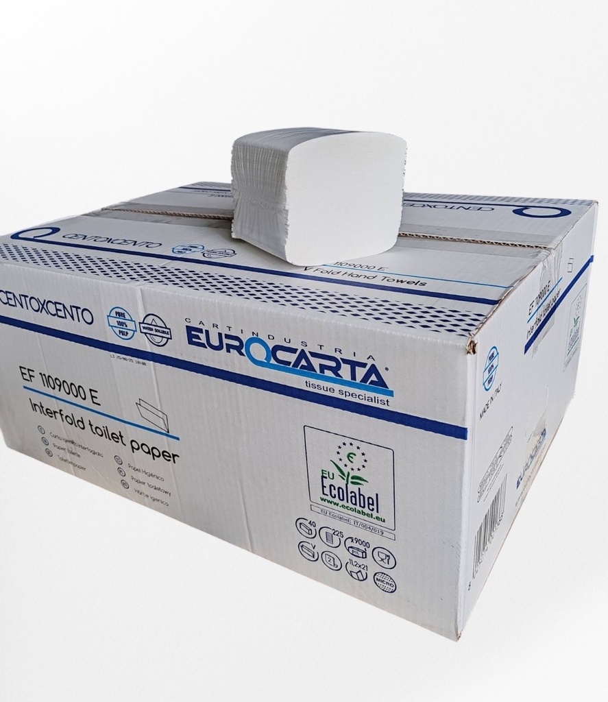 Тоалетна хартия на пачка 11,2 х 21 см, 40 х 225 къса, двупластова - 100% целулоза, водоразтворима - произведено в Италия