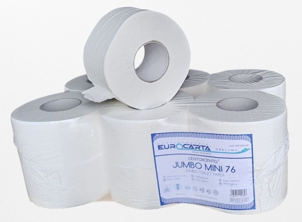 Тоалетна хартия мини „Джъмбо“, 100% целулоза, разтворима във вода,  150 м, 577 къса, 460гр., 9 х 26 см, опаковката съдържа 12 бр. , произведено в Италия