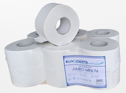 [N110.05G76E] Тоалетна хартия мини „Джъмбо“ - двупластова, 100% целулоза, разтворима във вода,  150 м, 577 къса, 460гр., 9 х 26 см, опаковката съдържа 12 бр. , произведено в Италия