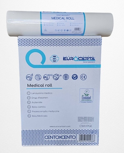 [C501.17GE] Медицинска ролка, покривало за кушетка 100% целулоза, двупластова, 80 м., 222 къса, дерматологично тестван продукт, 6 бр. в опаковка, произведено в Италия