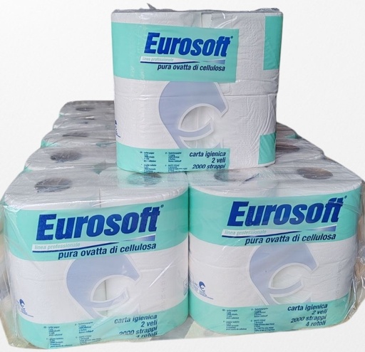 [0110.04E40] Тоалетна хартия, Eurosoft - двупластова, 4 бр. х 195гр. в опаковка , 500 къса / 55 м. на ролка, 100% целулоза, разтворима във вода,  произведено в Италия